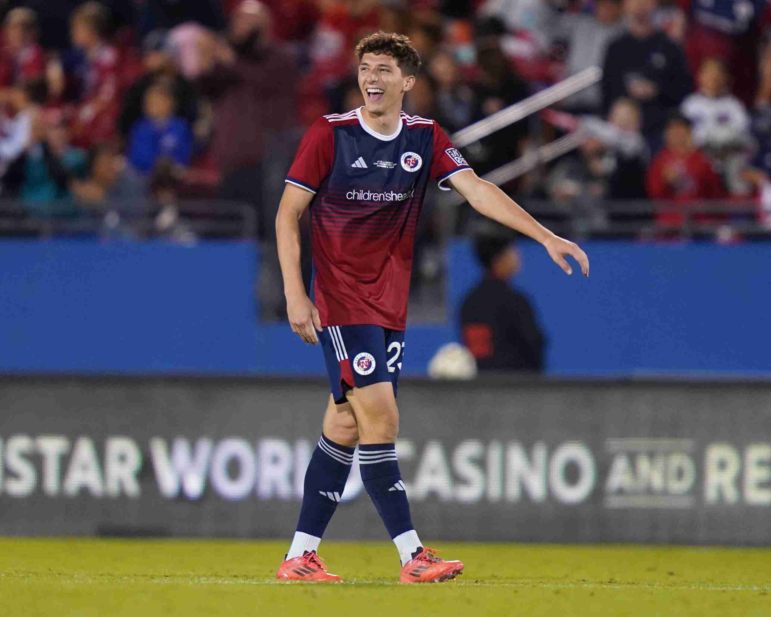 Nov 9, 2024; Frisco, Texas, USA; North Texas FC forward Logan Farrington (23) celebrates a goal against Philadelphia Union II during the MLS Next Pro Championship at Toyota Stadium. Mandatory Credit: Joaquin Torre-Imagn Images