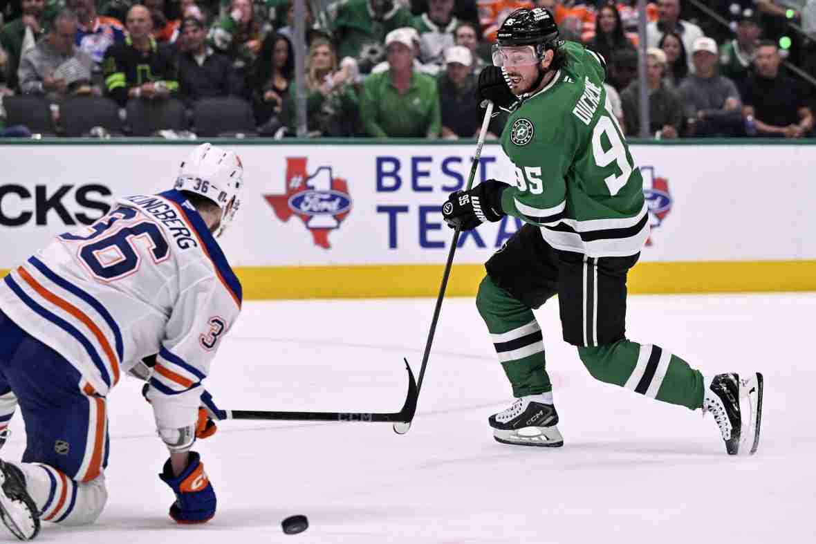 Current image: May 23, 2025; Dallas, Texas, USA; Dallas Stars center Matt Duchene (95) shoots the puck against Edmonton Oilers defenseman John Klingberg (36) in the second period for game two of the Western Conference Final of the 2025 Stanley Cup Playoffs at American Airlines Center. Mandatory Credit: Jerome Miron-Imagn Images